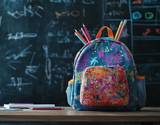 colorful backpack with pencils in front of chalkboard